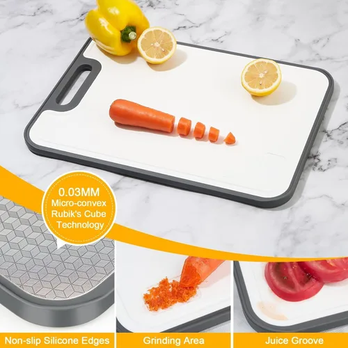 Vista 5 de Tabla de cortar de acero inoxidable, doble cara con paja de trigo PP, diseño de cubo 3D antideslizante, tabla de cortar grande de 15.75 x 11