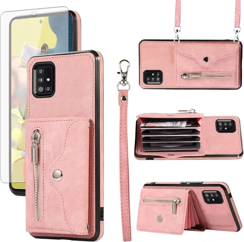 Vista 9 de Funda para teléfono Samsung Galaxy A71 5G con protector de pantalla de vidrio templado y correa cruzada para la muñeca, cordón para tarjeta de Negro