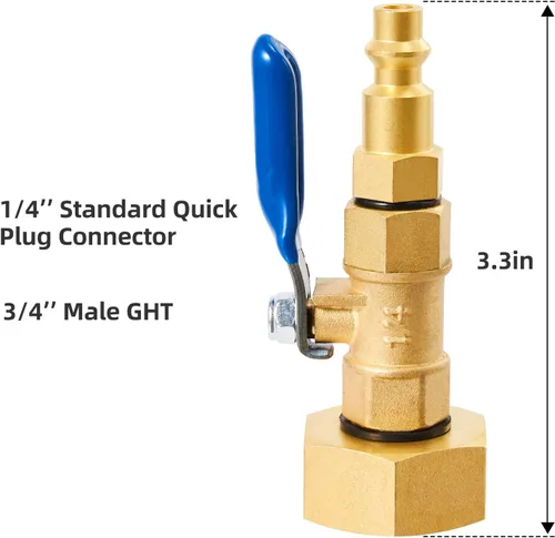 Vista 3 de Adaptador de soplado de latón para autocaravana, enchufe de conexión rápida macho de 1/4 pulgadas y rosca GHT hembra de 3/4 pulgadas, con válvula