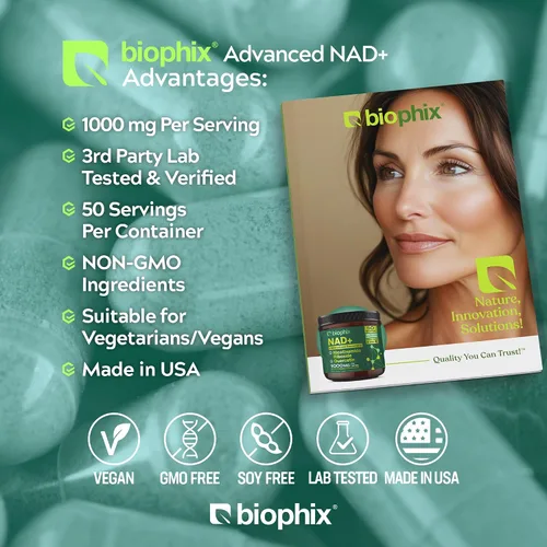 Vista 7 de biophix Suplemento liposomal NAD+ para mujeres y hombres, 1000 mg por porción, ribósido de nicotinamida, resveratrol micronizado y complejo