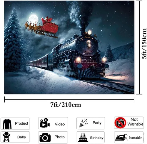 Vista 5 de Fondo de fotografía de tren de Navidad, tren nocturno de invierno, Papá Noel, fondo fotográfico para Navidad, Año Nuevo, fiesta infantil