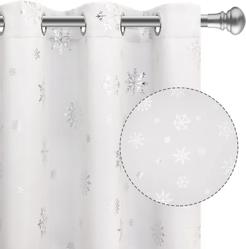 Vista 26 de FRAMICS Cortinas de Navidad con estampado de copos de nieve dorados en papel de aluminio, cortinas opacas con aislamiento térmico para sala de estar