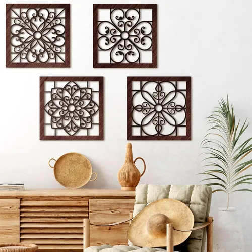 Vista 4 de Yulejo Decoración de pared rústica gruesa de 4 piezas, diseño hueco de madera tallada, arte de pared rústico para sala de estar, dormitorio Negro