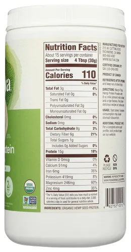 Vista 5 de Polvo de proteína de cáñamo Nutiva Hi Fibre, 16 oz