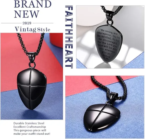 Vista 5 de FaithHeart Josué 19 Escudo de Fe Efesios 616-17Efesios 610Isaías 5417 collar con colgante de acero inoxidable con amuleto cruzado para hombres