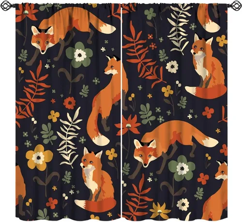 Vista 12 de Cortinas opacas de dibujos animados de animales de bosque naranja, zorro, flores, luna, hojas azules, arte abstracto, niños y niñas, decoración