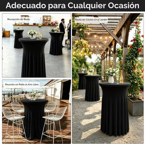 Vista 6 de Paquete de 4 faldas redondas de elastano de 32 x 43 pulgadas para mesa de cóctel con cortinas onduladas, mantel de cóctel elástico, mesas altas Negro