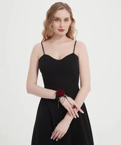 Vista 7 de Pulsera gótica de encaje con anillo de dedo, pulsera esclava de flores rosas, arnés de fiesta Lolita Costome, cadena de mano para mujeres, novias