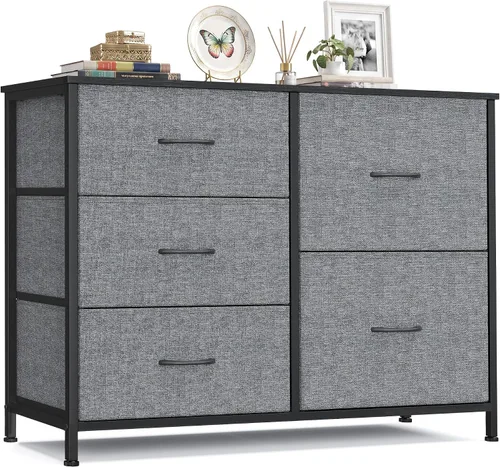 Vista 8 de SONGMICS Cómoda para dormitorio, cómoda ancha para armario con 5 cajones de Blanco nube