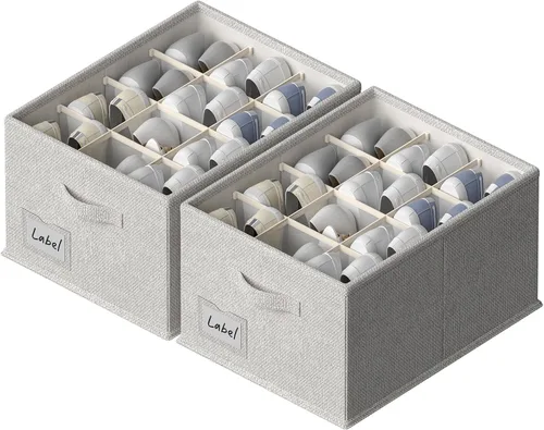 Vista 8 de FHSQX Paquete de 2 organizadores de zapatos para armario, se adapta a hasta 24 pares, contenedores de almacenamiento de zapatos de tela, Beige