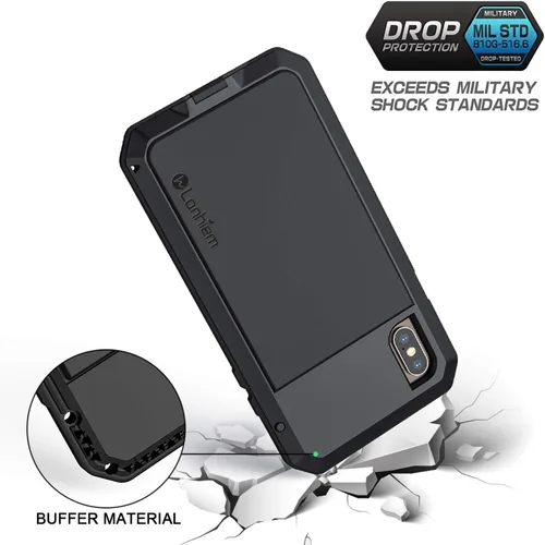 Vista 3 de Lanhiem Funda de metal para iPhone X/Xs, resistente a los golpes [Tough Armour] con protector de pantalla de vidrio integrado, funda protectora
