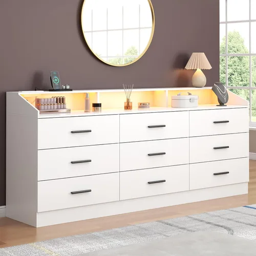 Vista 8 de Cómoda de 6 cajones, cómoda para dormitorio con toma de corriente, cómoda moderna con luz LED, cómoda de almacenamiento con compartimento de Negro