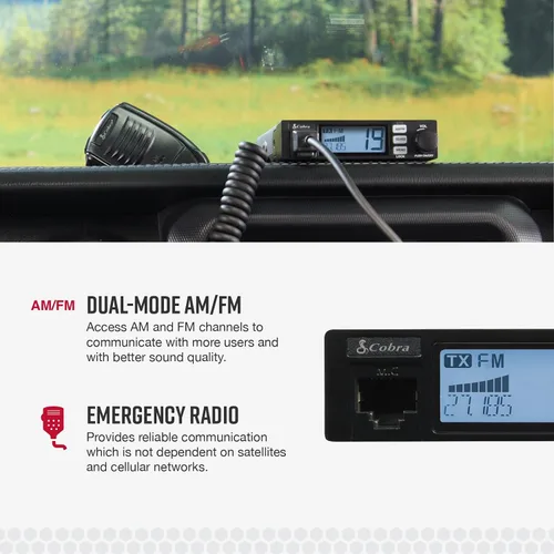 Vista 3 de Cobra 19 MINI AM/FM Radio CB Recreacional - Modo Dual AM/FM, 40 Canales, Esenciales de Viaje, Temporizador de Tiempo Libre, VOX, Auto Squelch, Auto
