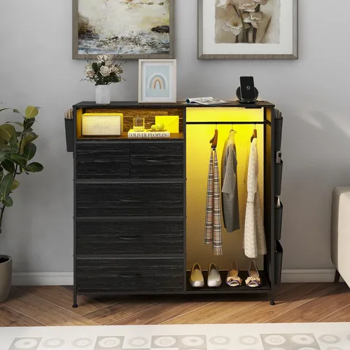 Vista 7 de Espelism Cómoda para dormitorio con perchero, bolsillos laterales, cómoda de 5 cajones con estación de carga, luces LED, cómoda de almacenamiento