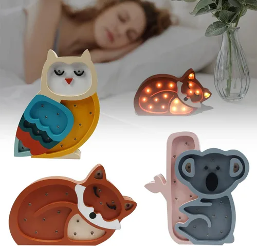 Vista 6 de Luz de noche LED decorativa para niños, decoración de guardería de bebé, lindo zorro lámpara de mesa de madera, letrero de animal, adorno
