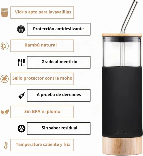 Vista 3 de Le'raze Vaso de vidrio prémium de 20 onzas con popote y base de tapa de bambú, funda protectora de silicona, sin BPA, botella de agua, vasos
