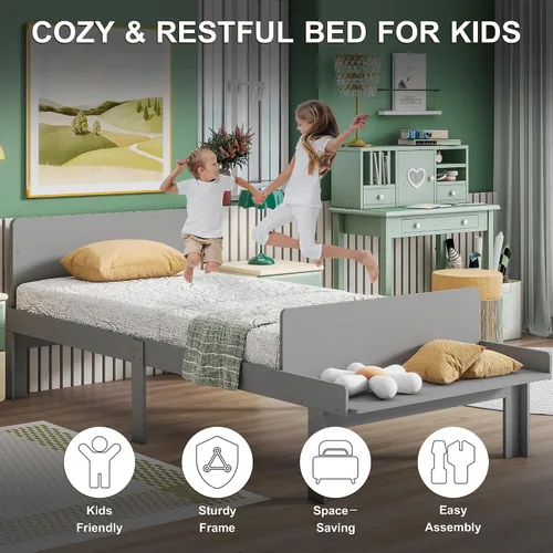 Vista 5 de Dolonm Marco de cama individual para niños con banco de estribo, gris, madera de pino, estilo moderno, no necesita somier