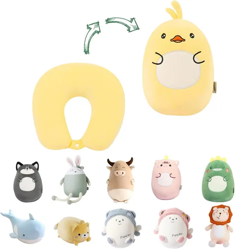 Vista 10 de Almohada de viaje para niños, almohada de cuello deformable 2 en 1 para niños, almohada suave en forma de U con adorable diseño de animales, cómodo