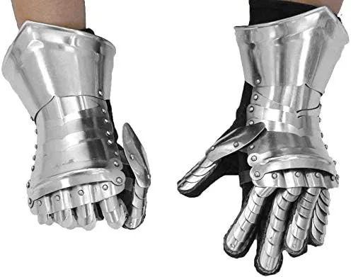 Vista 2 de Guantes de acero para disfraz de caballero medieval de Halloween, plateado