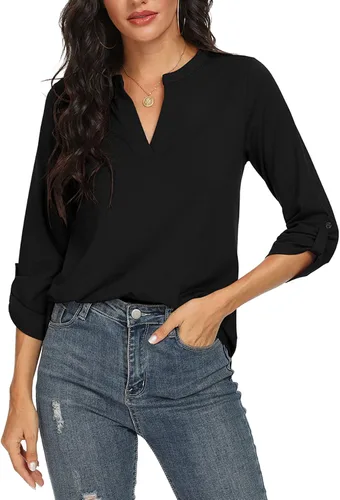 Vista 3 de NILOUFO - Blusas tipo túnica de verano para mujer con escote en V mangas 34 enrollables
