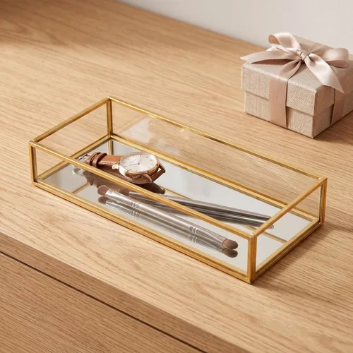 Vista 5 de Lyellfe Paquete de 2 bandejas de perfume, bandeja de tocador dorada, bandeja decorativa de espejo dorado, bandeja de perfume rectangular