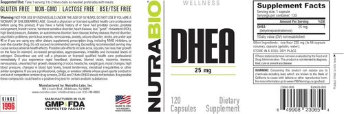 Vista 4 de NutraBio Suplemento DHEA para hombres y mujeres, 25 mg, 120 cápsulas
