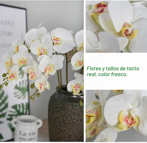 Vista 4 de HinyoCo 5 piezas de flores artificiales de Phalaenopsis y 4 paquetes de hojas, flores de orquídeas artificiales con 4 paquetes de hojas de tallo