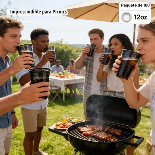 Vista 4 de Paquete de 100 vasos de plástico negros de 12 onzas, tazas de fiesta negras, copas de vino desechables transparentes para cumpleaños, picnics