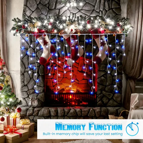 Vista 5 de Toodour Luces de Carámbano de Navidad Blancas y Azules, 29.5 pies, 360 Luces LED de Carámbano, 8 Modos, 60 Gotas, Luz LED de Navidad para Cortina