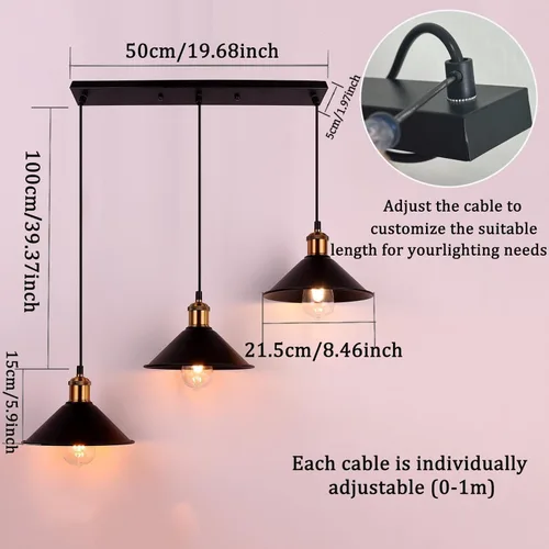 Vista 2 de FIRVRE Lámpara colgante industrial de 3 luces, lámpara colgante de metal ajustable, iluminación colgante vintage para cocina, restaurante, comedor