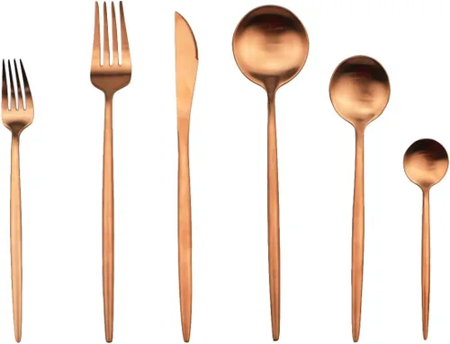 Vista 5 de Cuchara moderna con manchas de cobre, 6 piezas de acero inoxidable 304 color oro rosa mate, cuchara de postre de 7.2 pulgadas, vajilla