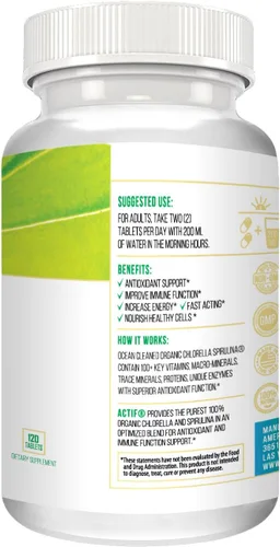Vista 2 de ACTIF Clorella y espirulina orgánica 100% limpiada en el océano, sin OMG, el mejor suplemento de dieta vegana y desintoxicante, fabricado en Estados