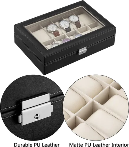 Vista 4 de Oyydecor Caja de reloj de piel sintética organizador de almacenamiento de madera para almacenamiento y exhibición negocios de regalo para hombres