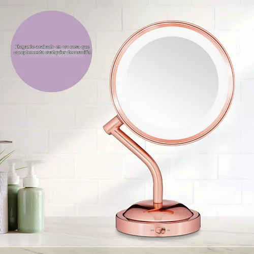 Vista 6 de Conair Espejo de maquillaje iluminado con aumento, espejo de tocador LED, espejo de aumento 1X/5X, espejo de doble cara, funciona con batería, oro