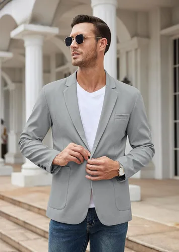 Vista 2 de COOFANDY Chaqueta deportiva casual para hombre, ajuste regular, ligera, de lino, elegante, con un botón