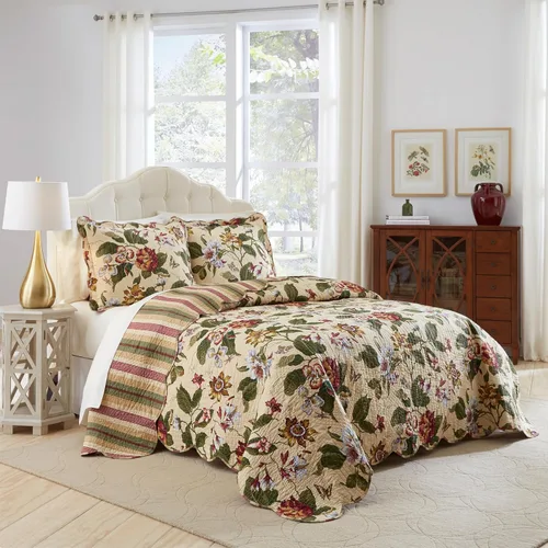 Vista 47 de Waverly Forever Peony - Juego de edredón de 4 piezas, 100% algodón, estampado floral de bayas, tamaño matrimonial/queen, con 2 fundas de almohada