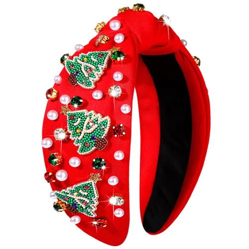Vista 15 de Diadema de Navidad para mujer, accesorios de Navidad con cuentas, arco de Navidad, árbol, copo de nieve, diadema anudada HOHOHO, rojo y verde, perla