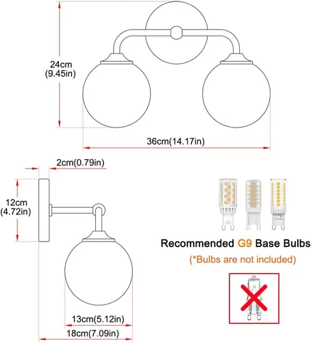 Vista 7 de Luces modernas de tocador de baño de níquel cepillado de 2 luces, accesorios de iluminación de baño sobre espejo con pantalla de globo de vidrio