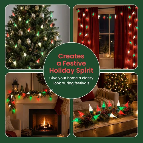 Vista 7 de Juego de luces centelleantes y parpadeantes de Navidad con punta de llama - 8 de 50 luces parpadeantes – 50 bombillas mini rojas, verdes