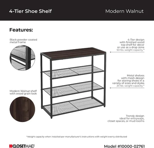 Vista 5 de ClosetMaid Zapatero de 4 niveles, organizador de almacenamiento, con estante superior de madera, 3 estantes de malla metálica, para 12 pares