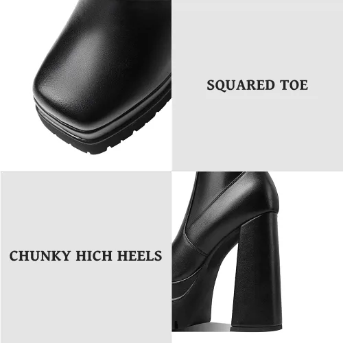 Vista 3 de Wryffneea Platform Boots for Women Square Toe Side Zip Goth Punk Wedge Block High Chunky Heel Motorcycle Riding GoGo Knee High Boots