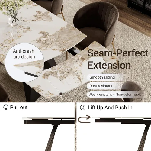 Vista 3 de Honyee Mesa de comedor extensible con hojas, piedra sinterizada rectangular de 65 a 95 pulgadas, mesa de comedor grande moderna con asientos de 6