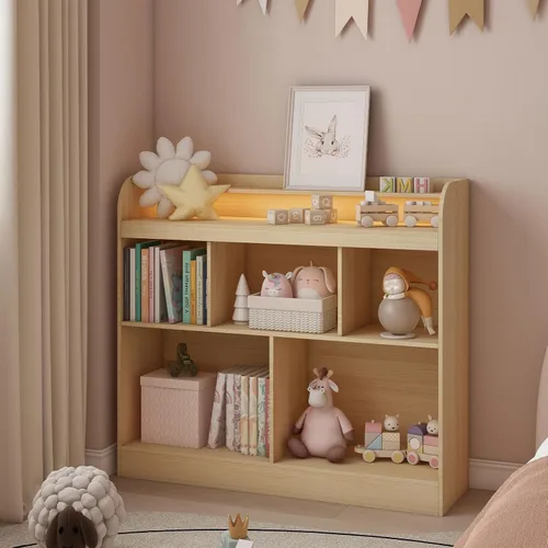 Vista 9 de Lkeiyay Estantería abierta para niños, organizador de juguetes Montessori con luces LED, estantería abierta de madera blanca para niños, dormitorio