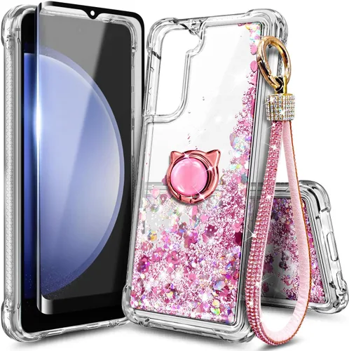 Vista 27 de Funda compatible con Samsung Galaxy S24-FE Aqua/Purple Funda líquida flotante con purpurina linda con protector de pantalla de vidrio templado