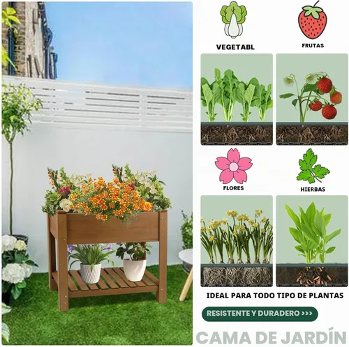 Vista 6 de Cama de jardín elevada para exteriores, jardineras de madera con patas forro protector y agujeros de drenaje, macizos de flores elevados para jardín