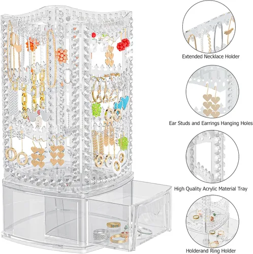Vista 8 de Famitree Soporte giratorio de 360 aretes y organizador de joyas, 4 niveles, soporte clásico, 156 agujeros y 160 ranuras para mujeres y niñas