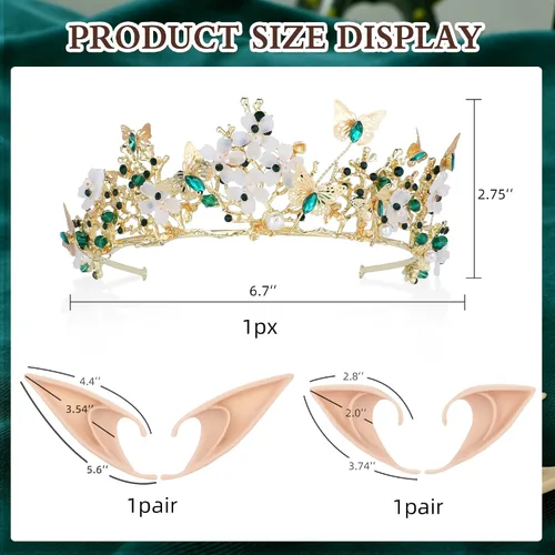 Vista 6 de FRESHME Juego de orejas de elfo con corona de hada, accesorios de disfraz de cosplay, diadema de mariposa, tiara de duendecillo con orejas de elfo