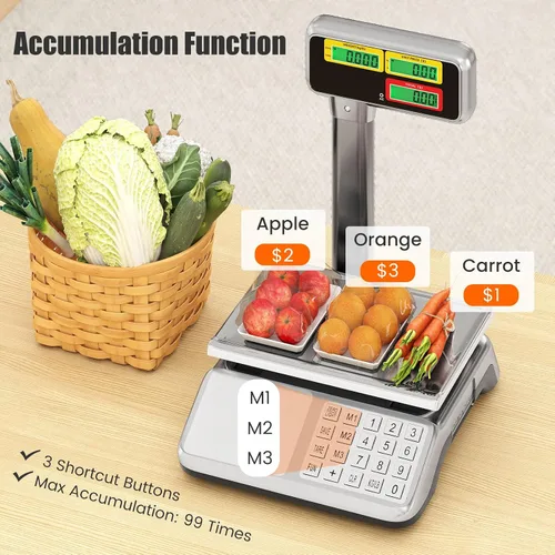 Vista 2 de S AFSTAR Báscula de cálculo de precios con pantalla de poste, báscula comercial de alimentos de 88 lb con plataforma de acero inoxidable, batería