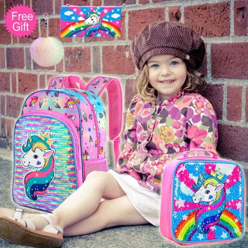 Vista 2 de 3 mochilas infantiles para niñas, 16 pulgadas, preescolar y lonchera - Unicorniosirenaflamenco