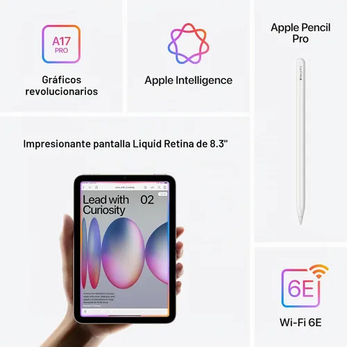 Vista 5 de Apple iPad mini (A17 Pro): Apple Intelligence, pantalla Liquid Retina de 8.3 pulgadas, 128 GB, Wi-Fi 6E, cámara frontal de 12 MP/cámara trasera